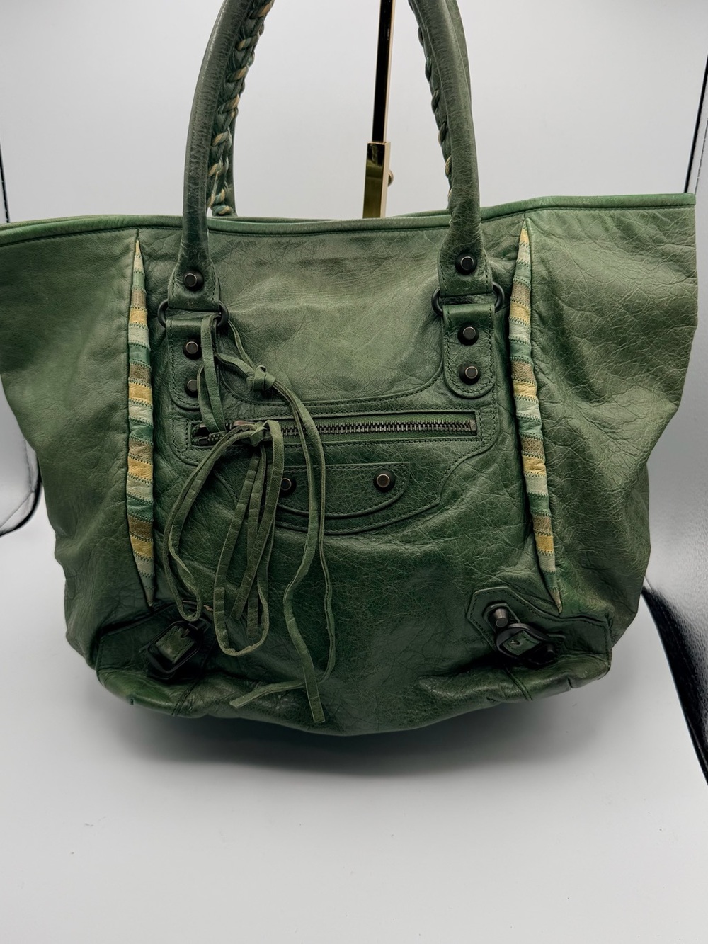 Balenciaga Green Leather Braided-Handle Tote